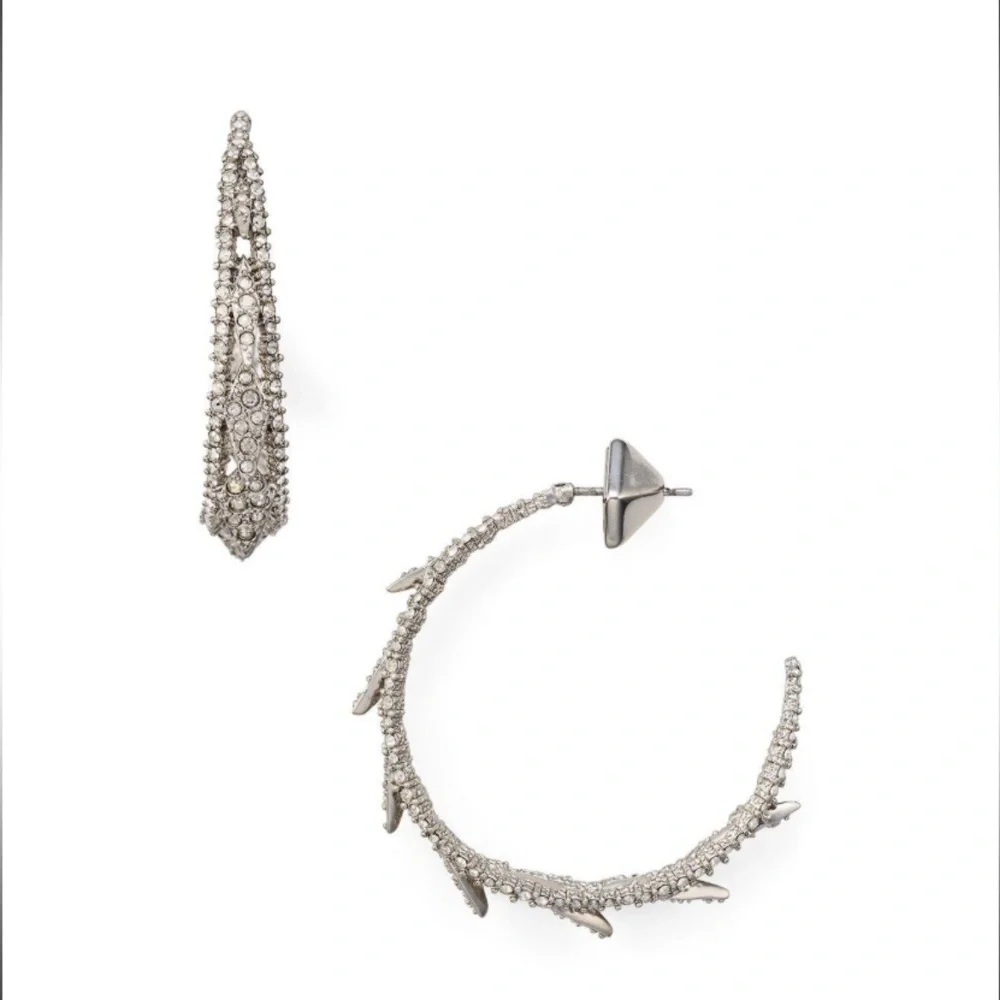 ALEXIS BITTAR • Edgy Crystal Encrusted Spiked Lattice Silver Hoop Earrings
